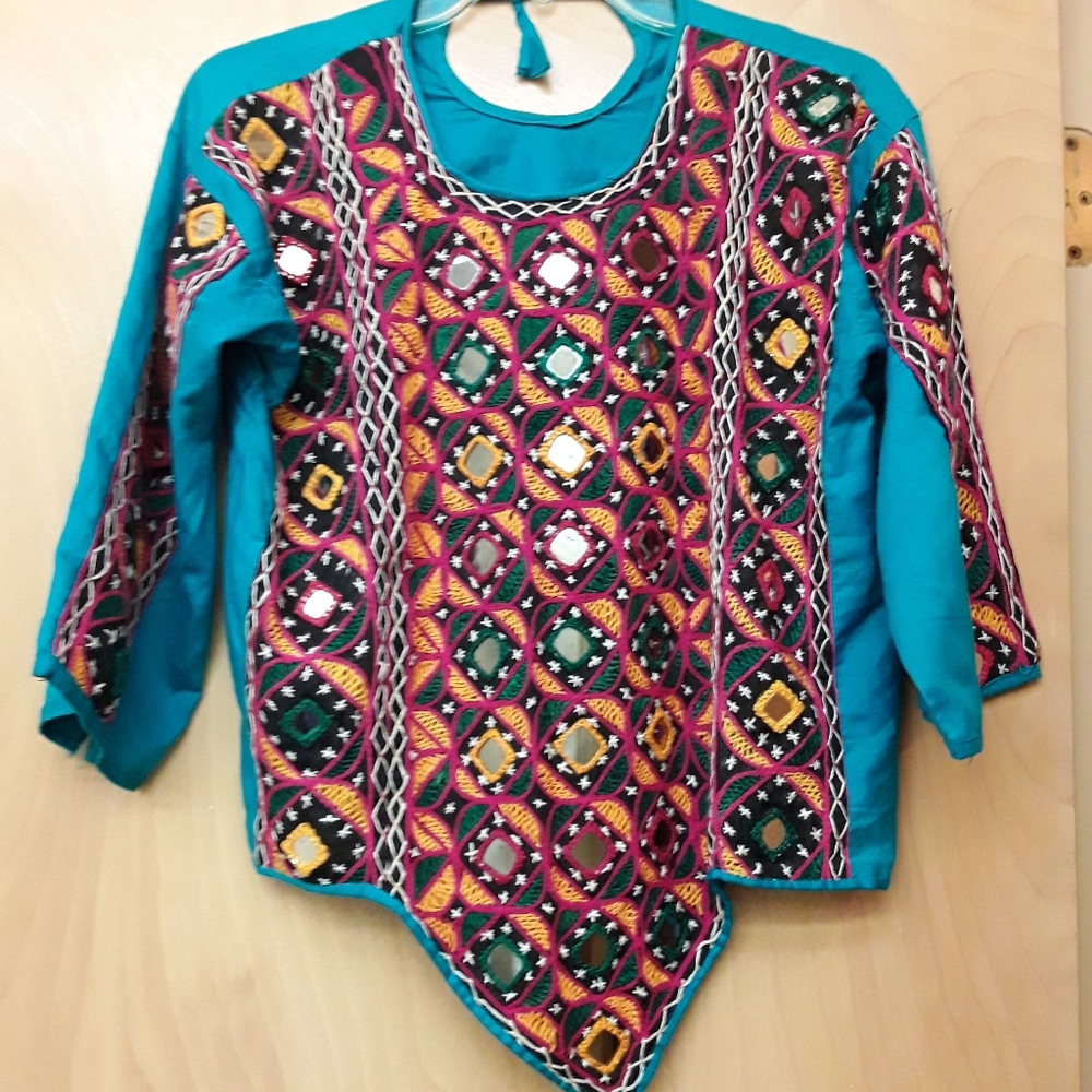 Blue Indian Tribal Boho Mirror Crop Top L